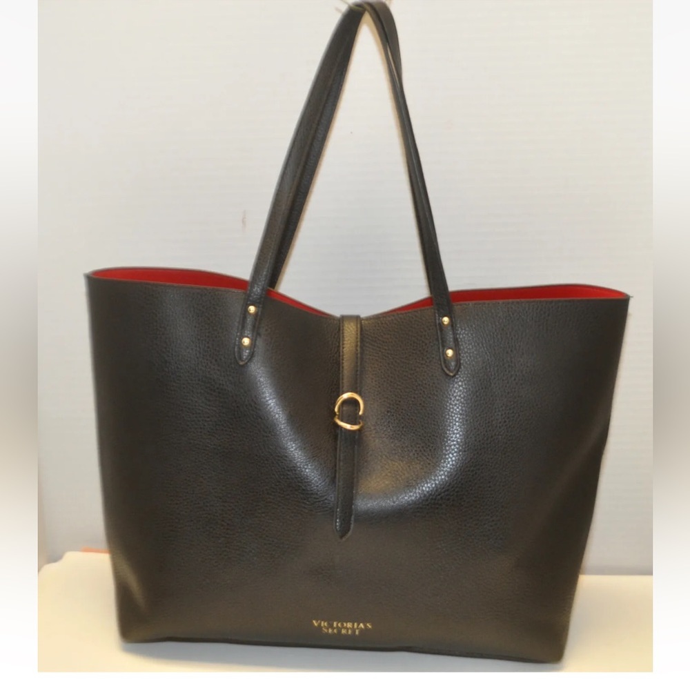 VICTORIA’S SECRET VS Tote Bag Black Faux Pebbled Leather Red Interior Large